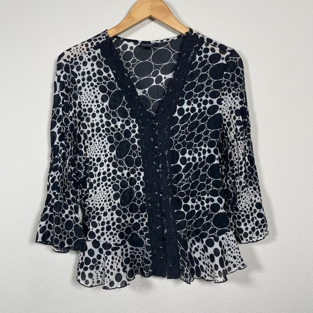 Piano Blouse Womens S Black White Polka Dot Crochet Bell Sleeve Boho Whimsigoth